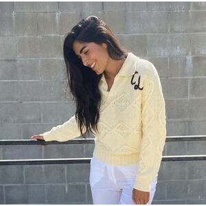 Ciao Lucia Cream Cableknit Henley Collar Sweater Embroidered Initials Cotton XS